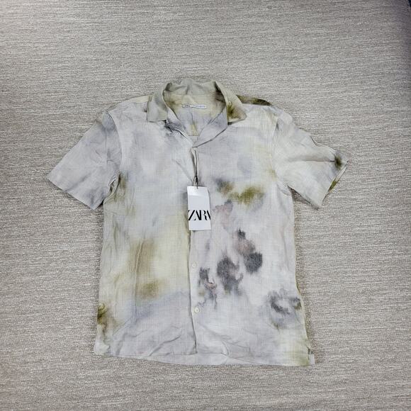 Zara Tie Dye Shirt Mens Small Linen Blend Button Viscose Summer Watercolor New - Picture 4 of 14